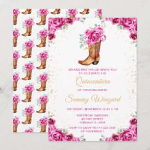 Heißrosa Gold Blumen Cowboy Stiefel Quinceañera Einladung