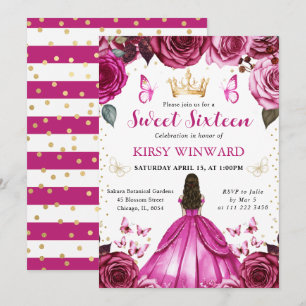Heißrosa Kleid Brünette Prinzessin Sweet 16 Einladung
