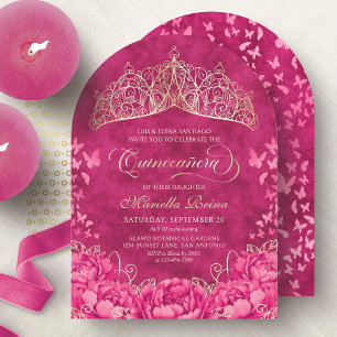Heißrosa Kronenschmetterlinge Elegante Quinceanera Einladung