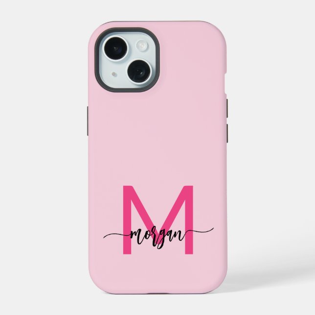 Heißrosa moderne Schrift Mädchen-Monogramm-Name iPhone 15 Hülle (Rückseite)