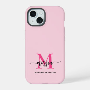 Heißrosa moderne Schrift Mädchen-Monogramm-Name iPhone 15 Hülle