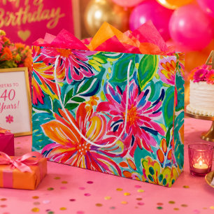 Heißrosa-orange-tropische-Aquarell-Blumen Große Geschenktüte