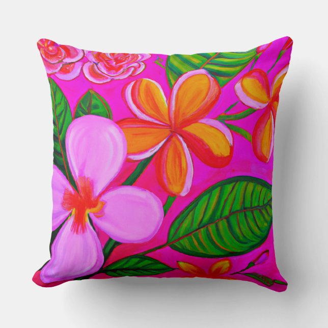Heissrosa Plumeria Tropisches Kissen (Vorderseite)