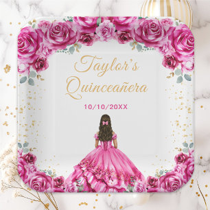 Heißrosa Prinzessin Floral Quinceañera Pappteller