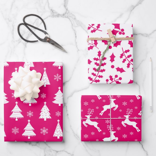 Heissrosa Rentier, Weihnachtsbäume und Holly Geschenkpapier Set (Vorderseite)