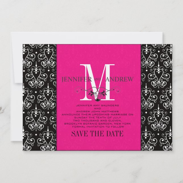 Heißrosa Save-the-Date-Monogramm Damast Save The Date (Vorderseite)