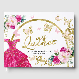 Heißrosa-Schmetterlingskleid-Quinceanera-Gästebuch Gästebuch