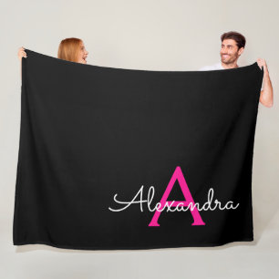 Heißrosa schwarze Schrift Mädchen Monogramm Name Fleecedecke