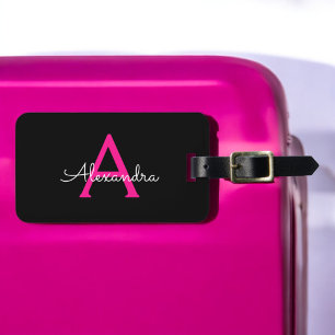 Heißrosa schwarze Schrift Mädchen Monogramm Name Gepäckanhänger