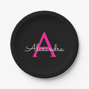 Heißrosa schwarze Schriftzug girly Monogramm Name Pappteller