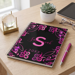 Heißrosa schwarzer Damast Monogramm Jahr Planer