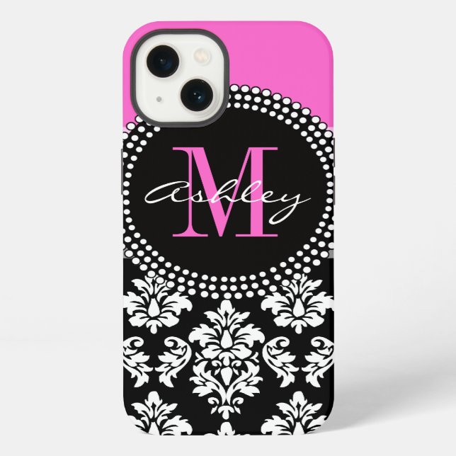 Heißrosa schwarzer Damast monogrammiert iPhone Hülle (Rückseite)