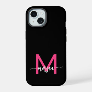 Heißrosa Schwarzes modernes Skript Mädchen Monogra iPhone 15 Hülle