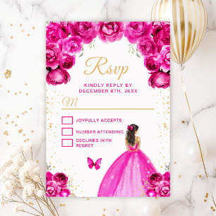 Heißrosa und goldene braunhaarige Prinzessin RSVP Karte