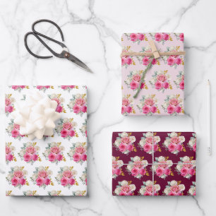 Heißrosa und goldene elegante Blumen Geschenkpapier Set