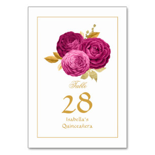 Heißrosa und goldene florale Quinceañera Tischnummer