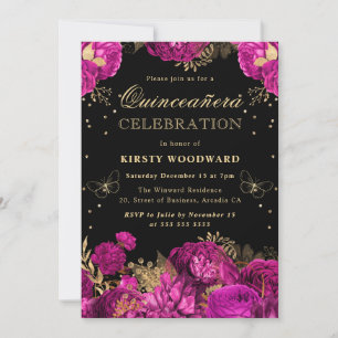 Heißrosa und goldene Rosen Floral Quinceanera Einladung
