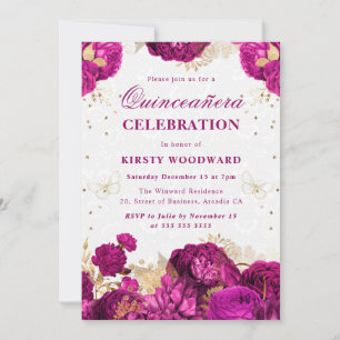 Heißrosa und goldene Rosen Florale Quinceanera Einladung