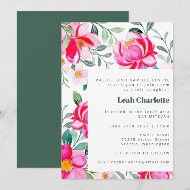 Heissrosa und grüne Wasserfarbe Blumenbast Mitzvah Einladung (Vorne/Hinten)