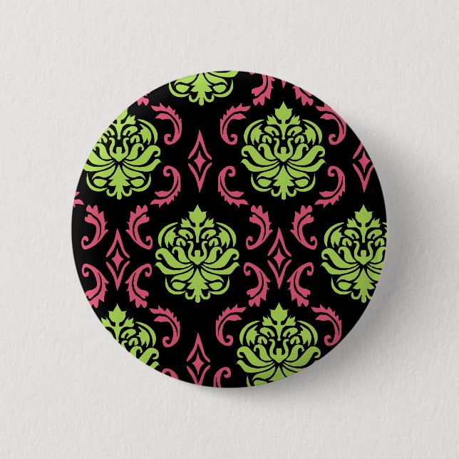 Heißrosa und grüner Damast Button (Vorderseite)