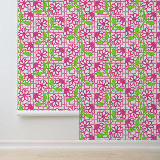 Heißrosa und Limette-Blüten auf Bambus-Spaliere Tapete
