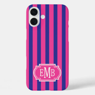 Heißrosa und Marineblaue monogrammierte Streifen iPhone 16 Plus Hülle