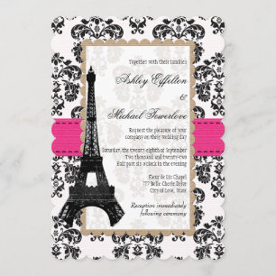 Heißrosa und schwarze Damast-Eiffelturm-Hochzeit Einladung