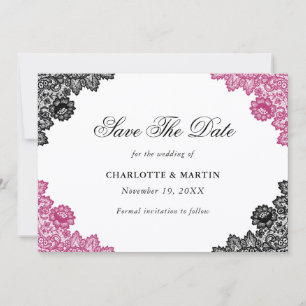 Heißrosa und schwarze florale Spitzenhochzeit Save The Date