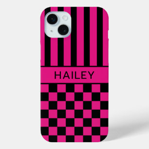 Heißrosa und schwarze karierte gestreifte personal Case-Mate iPhone hülle