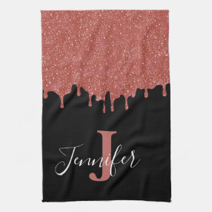 Heißrosa und schwarze Monogramm-Glitter-Tropfen Geschirrtuch