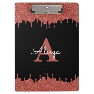 Heißrosa und schwarze Monogramm-Glittertropfen Klemmbrett