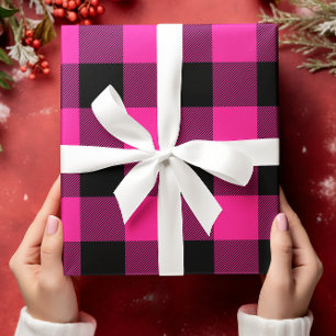 Heißrosa und schwarzes Buffalo-Karo-Weihnachten Geschenkpapier Set