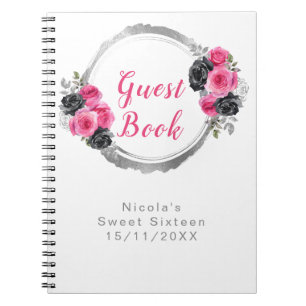 Heißrosa und silberne elegante Blumen Sweet Sixtee Notizblock