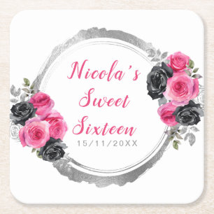 Heißrosa und silberne elegante Blumen Sweet Sixtee Rechteckiger Pappuntersetzer