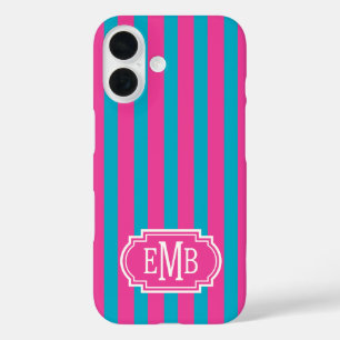 Heißrosa und Türkis monogrammierte Streifen iPhone 16 Hülle