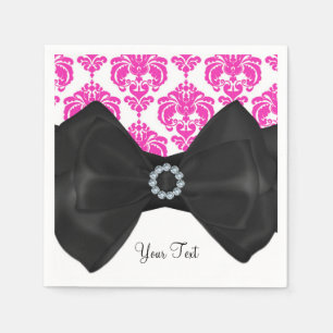 Heißrosa und weiße Damast-Bling-Bow-Sweet-16-Party Serviette