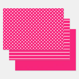 Heißrosa weiße Polka-Punkte-Streifen Geschenkpapier Set
