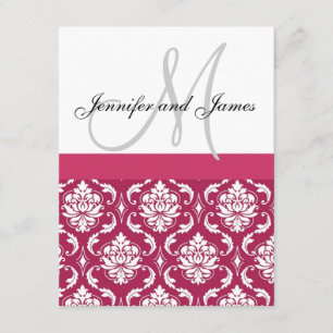 Heißrosa, weißer Damast, Monogramm Hochzeitsempfan Einladung