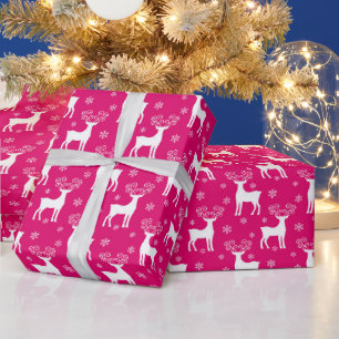 Heißrosa Winter-Rentiere & Schneeflocken Weihnacht Geschenkpapier
