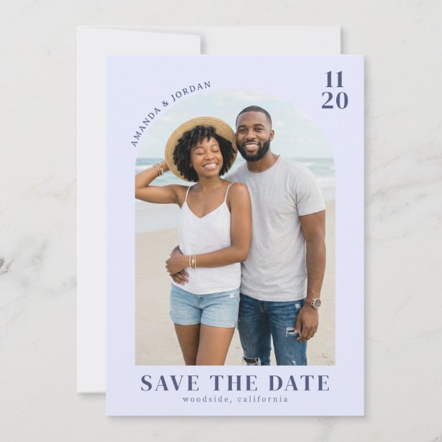 Heiteres blaues Strandfoto Save The Date (Vorderseite)