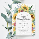 Heiteres Sonnenblumen Botanische 60. Geburtstagspa Einladung<br><div class="desc">Ein farbenfrohes 60. Geburtstagsparty-Einladungs-Design mit farbenfrohen Aquarelltönen, die gelbe Sonnenblumen, bordeauxfarbene Rose, Eukalyptus und andere gemischte Vegetation enthalten. Das Aussehen ist sonnig und fröhlich und Set ist der Ton für Ihre Feier in schönem Stil. Egal, ob es sich um eine Veranstaltung im Innenbereich oder um einen Grillabend im Freien handelt,...</div>