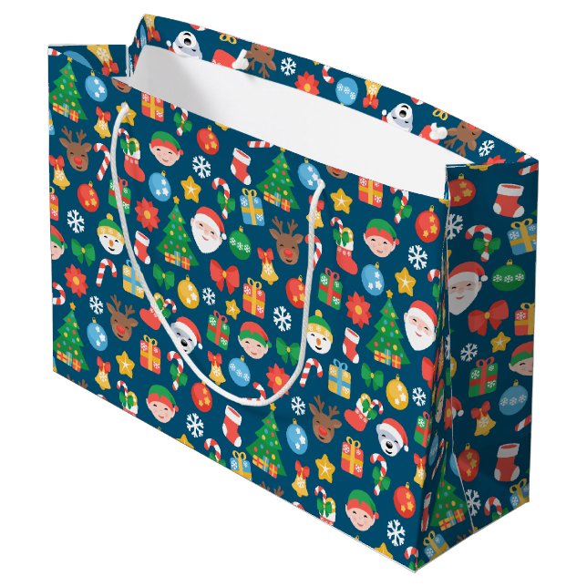 Heiteres Weihnachtsmuster auf blau Große Geschenktüte (Rückseite Schrägansicht)