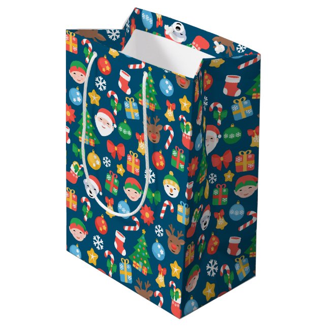 Heiteres Weihnachtsmuster auf blau Mittlere Geschenktüte (Rückseite Schrägansicht)