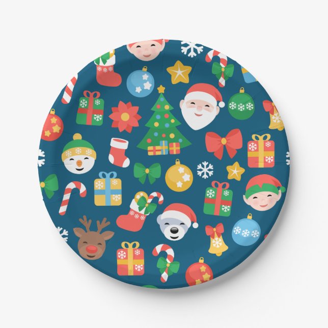 Heiteres Weihnachtsmuster auf blau Pappteller (Vorderseite)