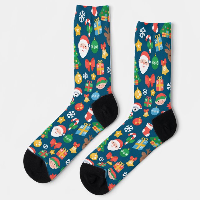 Heiteres Weihnachtsmuster auf blau Socken (Linkes Detail)