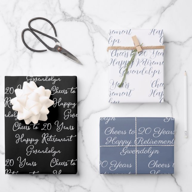 Heiterkeit bis 20 Jahre Schwarz-Weiß-Happy-Rente Geschenkpapier Set (Vorderseite)