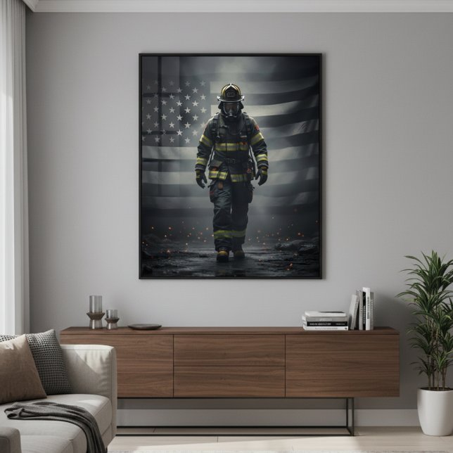 Held Feuerwehrmann geht durch Rauchposter Poster (Von Creator hochgeladen)