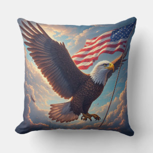 Heldhaftiger Adler mit wehender amerikanischer Fla Kissen