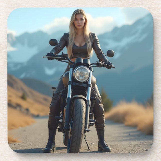 Helena Chevalier auf Motorrad / Berge Getränkeuntersetzer (Vorderseite)