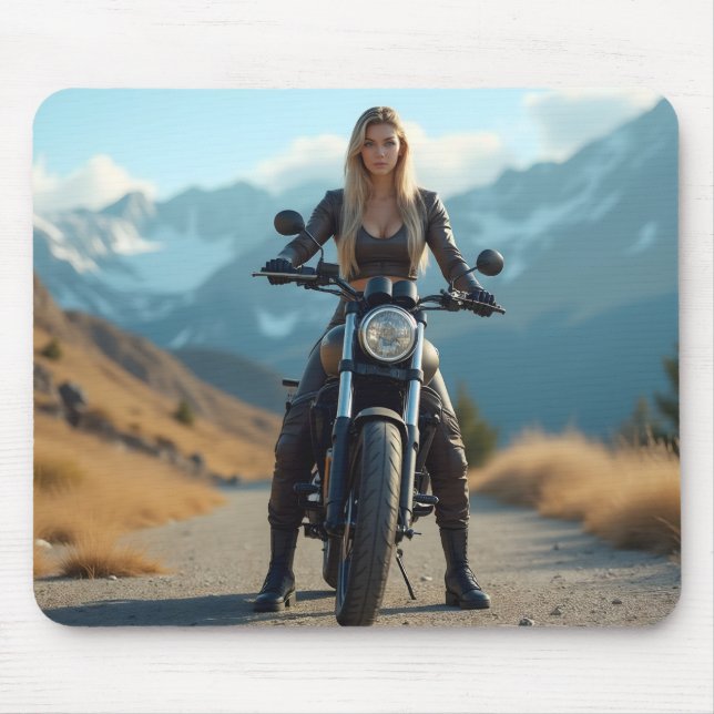 Helena Chevalier auf Motorrad / Berge Mousepad (Vorne)